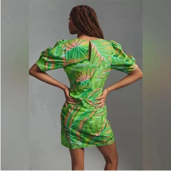 FARM Rio x Anthropologie Puff Sleeve Mini Dress Lime Green Palm Tropical NEW XL - Picture 4 of 13